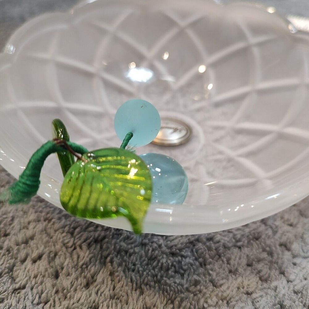 Annabella Frosted Trinket Bowl Glass Fruit Green Glass Leaves Pewter Name tag - Picture 8 of 8